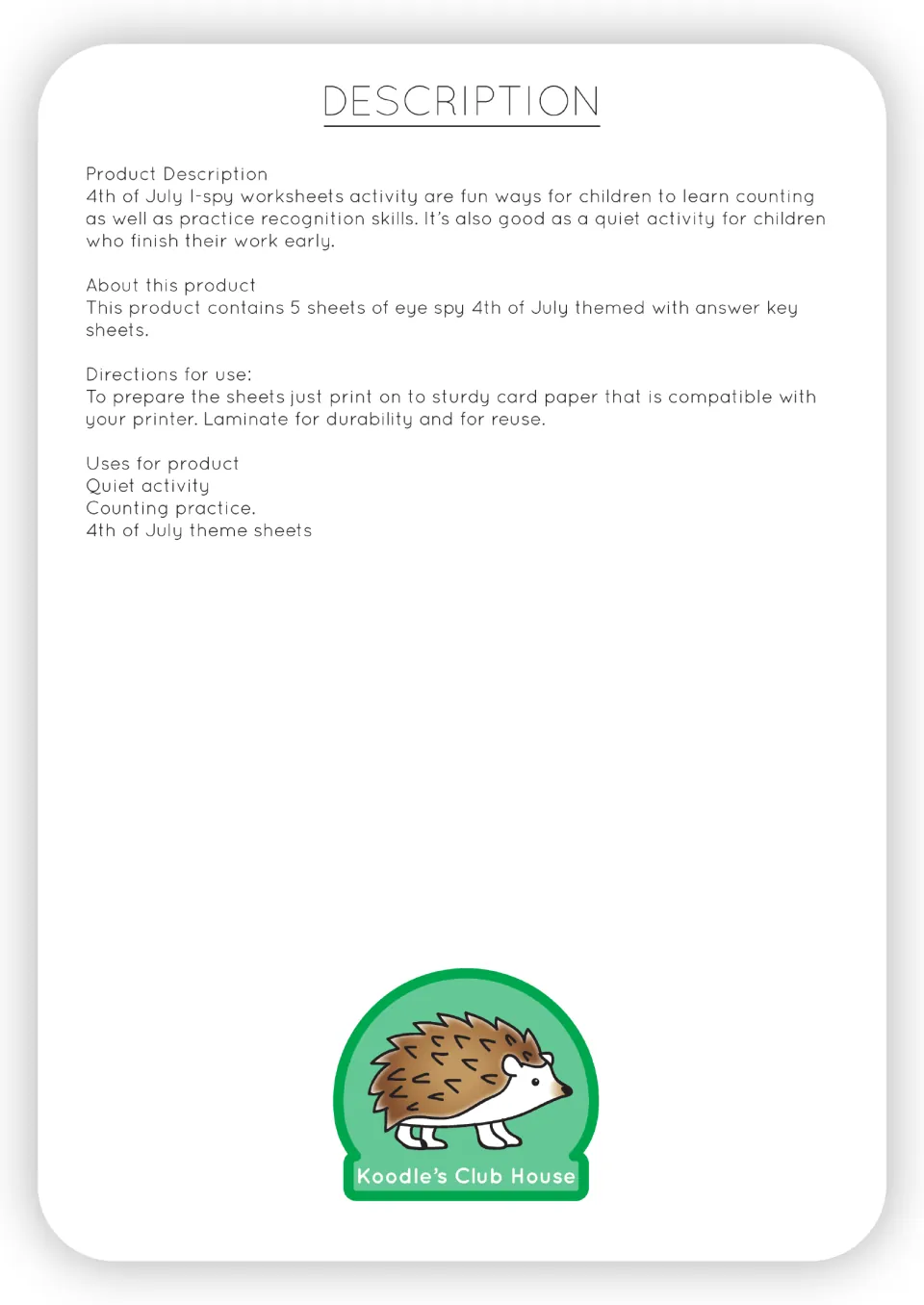 Product description: 5 I-spy sheets with answer keys for counting practice; print on card paper and laminate to reuse