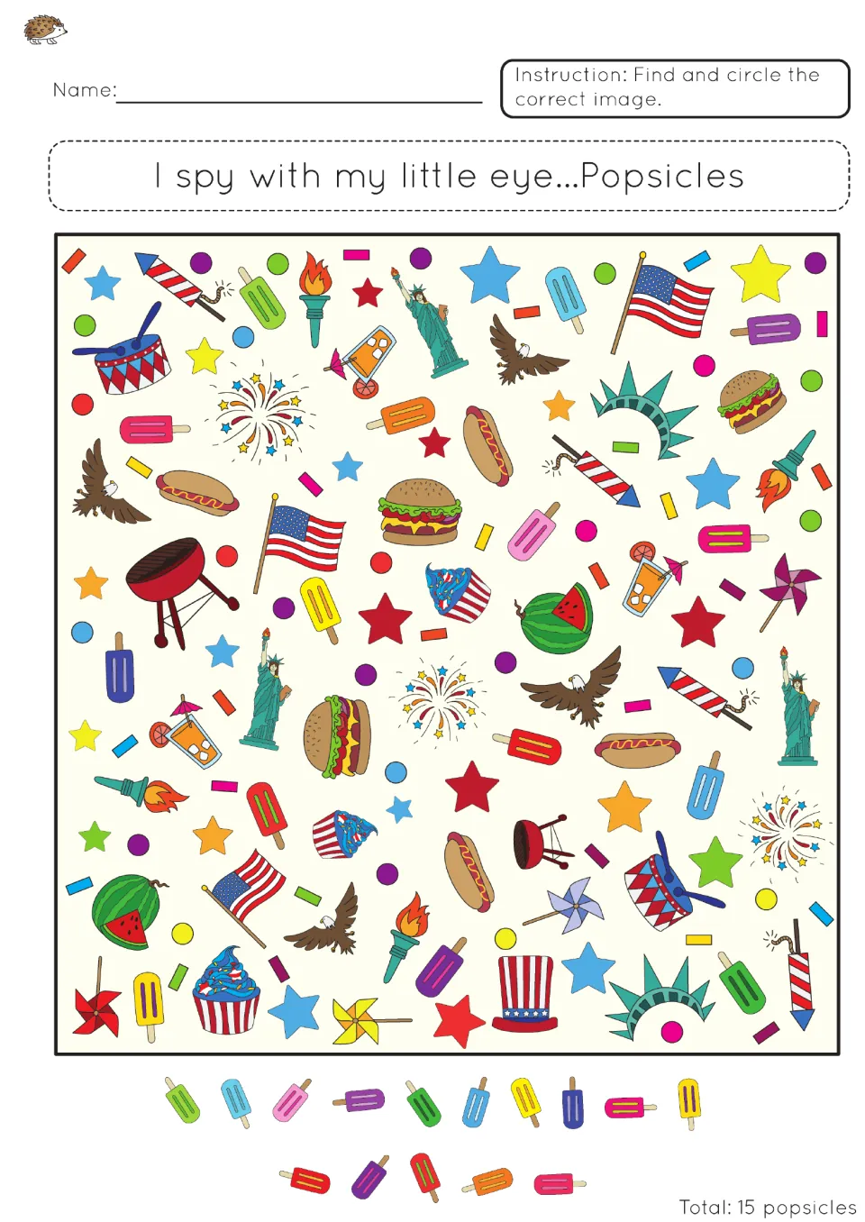 I spy popsicles: students find and circle every popsicle hidden among flags, eagles and hot dogs, a visual scanning task