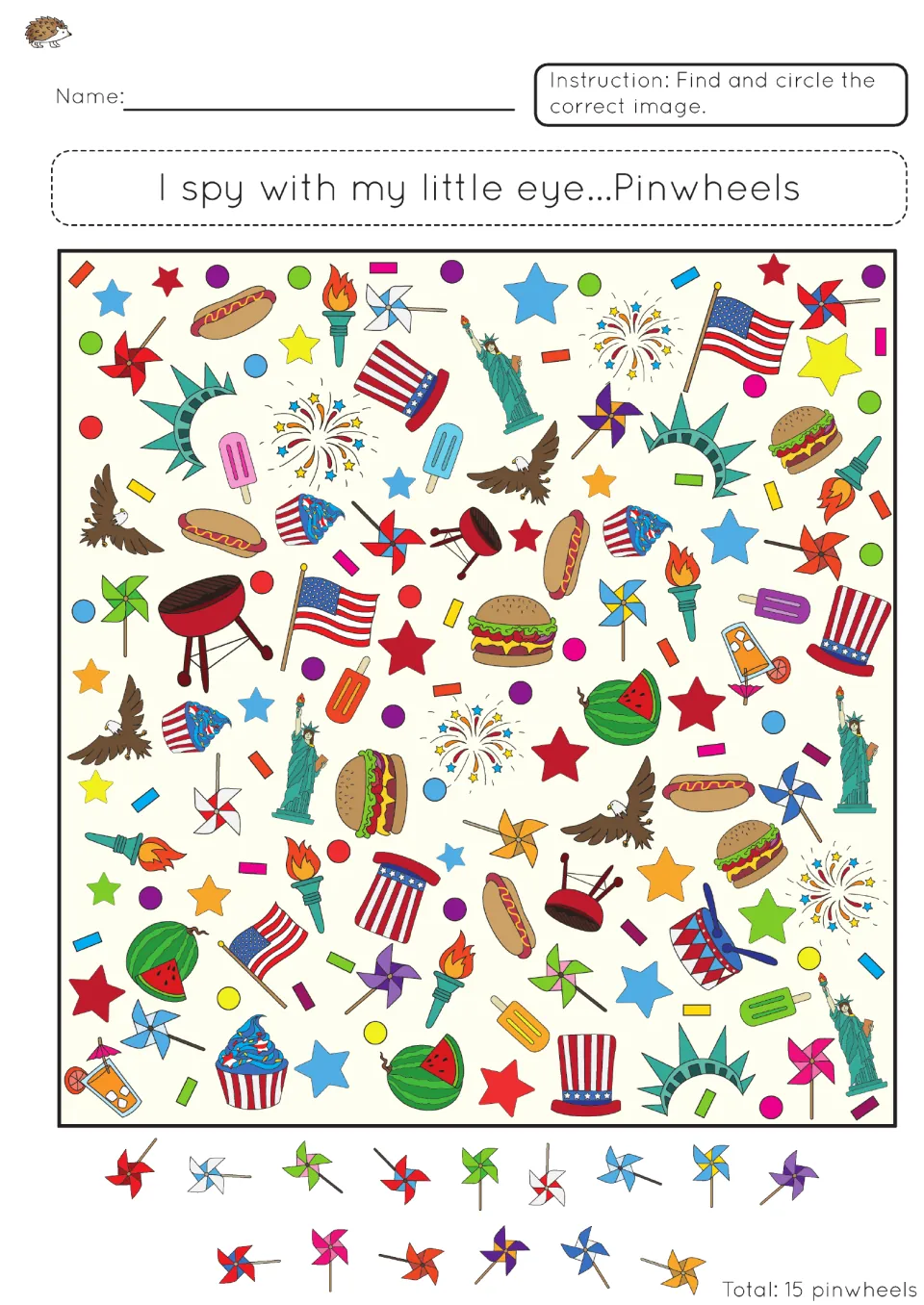 I spy pinwheels: students circle each colorful pinwheel hidden among patriotic pictures; 15 pinwheels pictured below