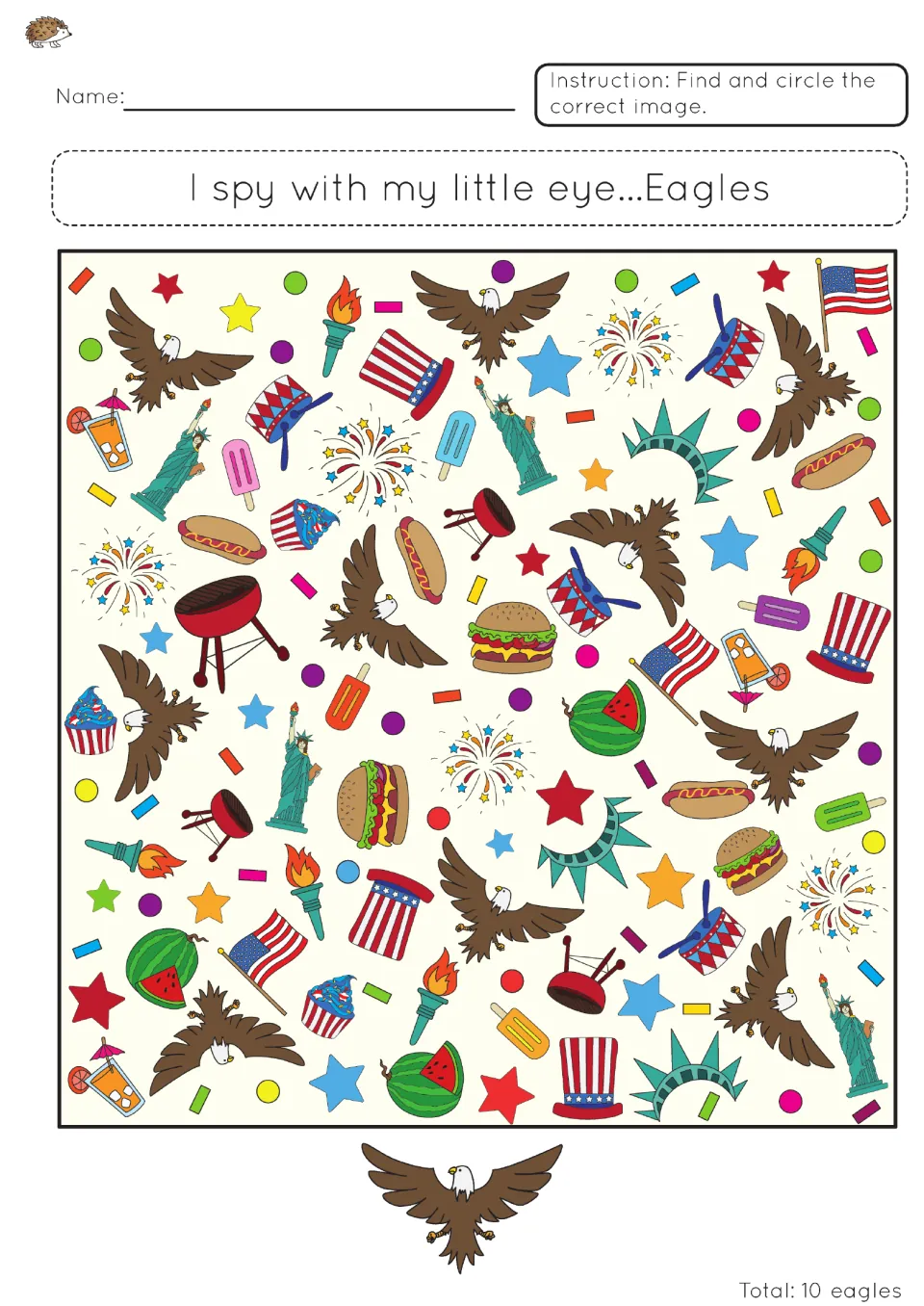 I spy eagles: students find and circle the bald eagles in a crowded patriotic scene with flags and hats; total 10 eagles