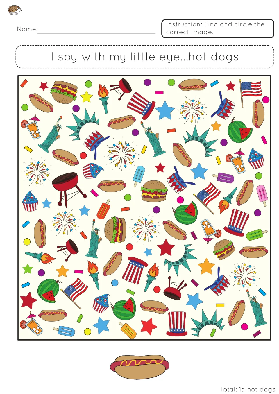 I spy hot dogs: students circle every hot dog among burgers, watermelons and Statues of Liberty, counting up to 15