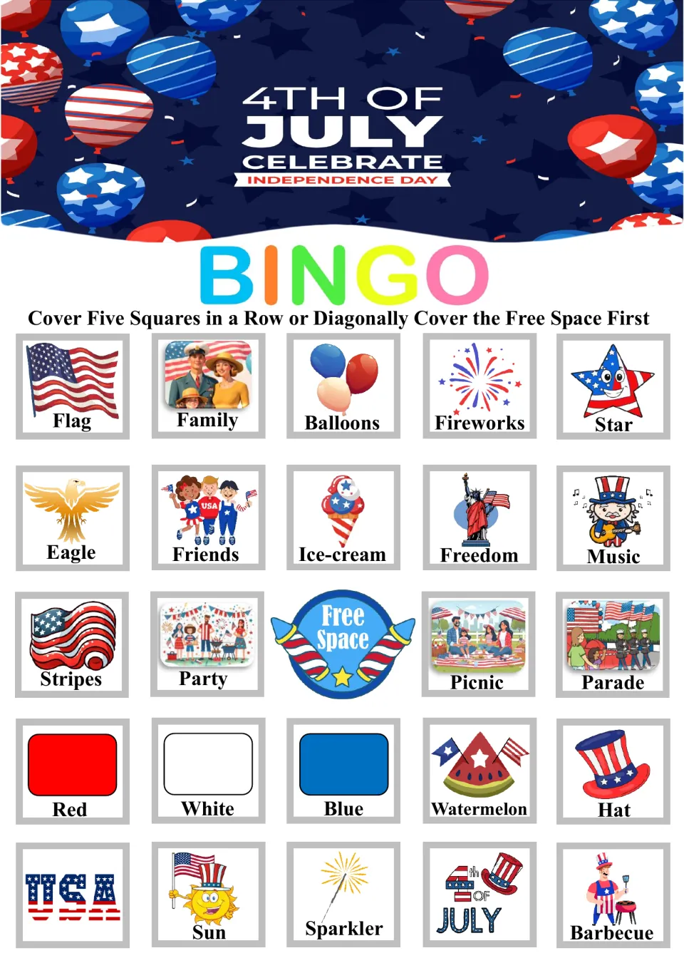 Bingo board 1: flag, family, balloons, fireworks and star across the top, with 19 more items and a free space