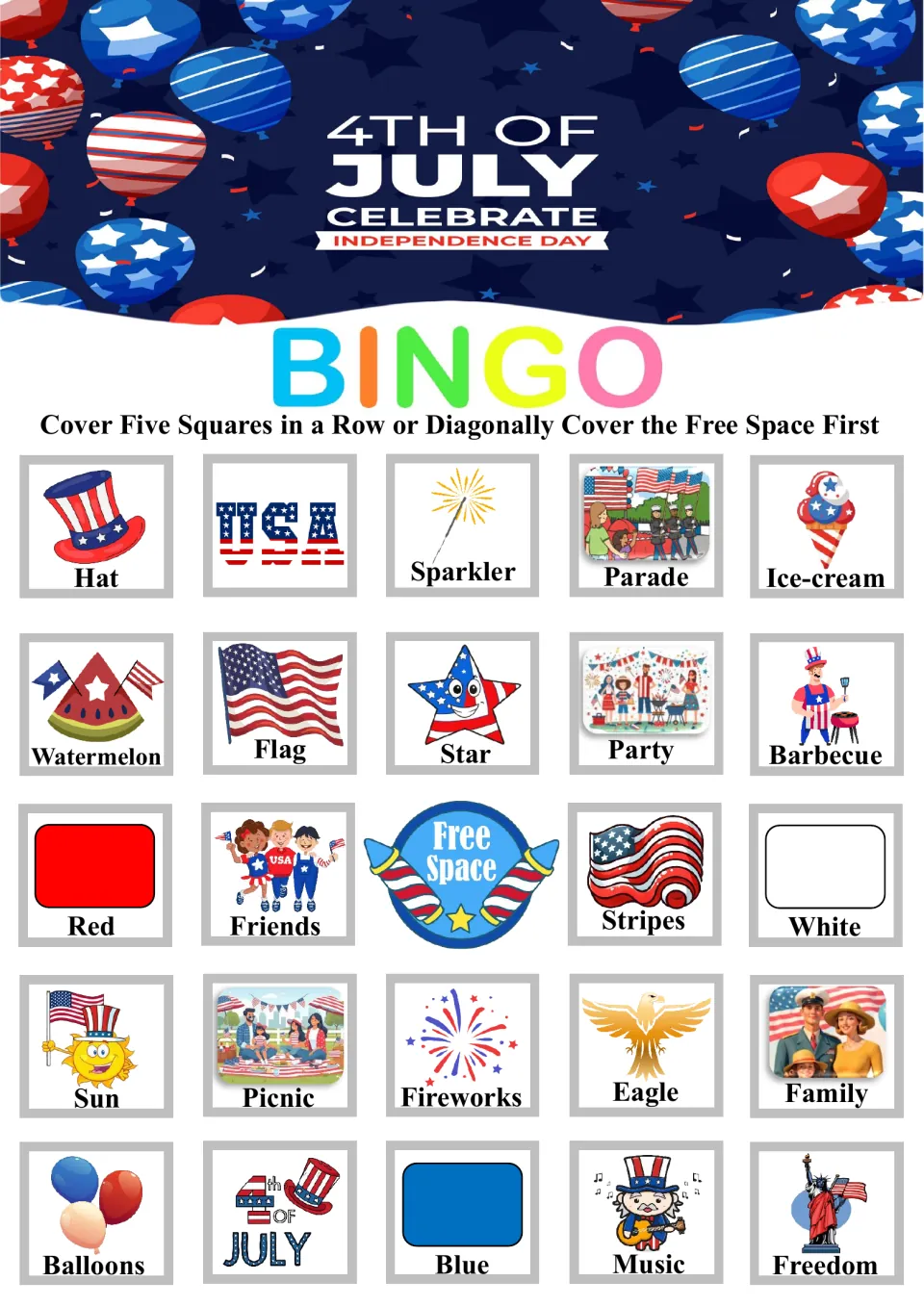 Bingo board 2: hat, USA, sparkler, parade and ice cream across the top, with 19 more items and a free space