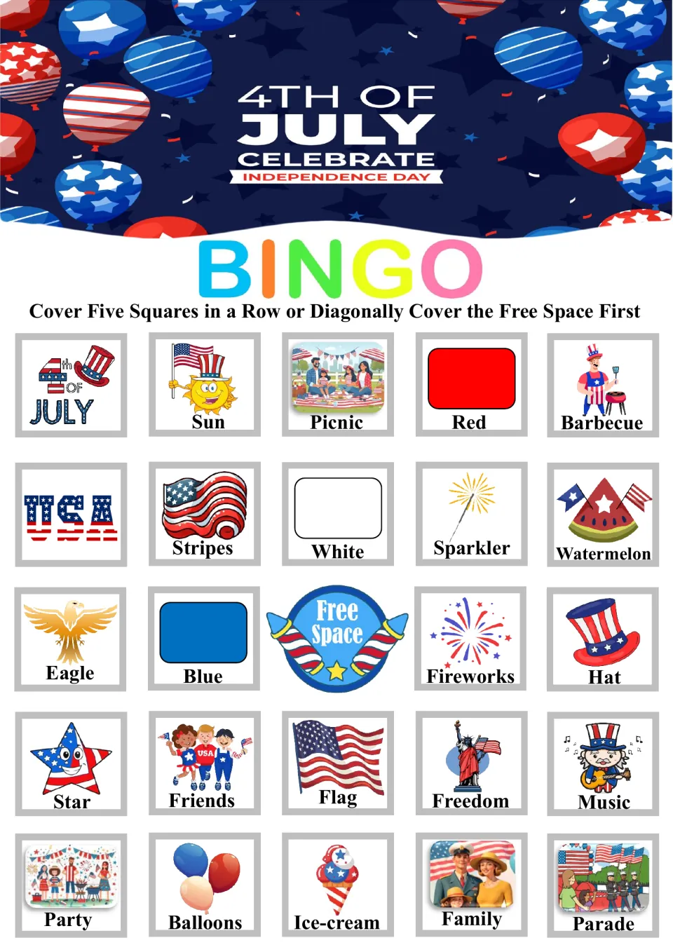 Bingo board 3: July 4th, sun, picnic, red and barbecue across the top, with 19 more items and a free space
