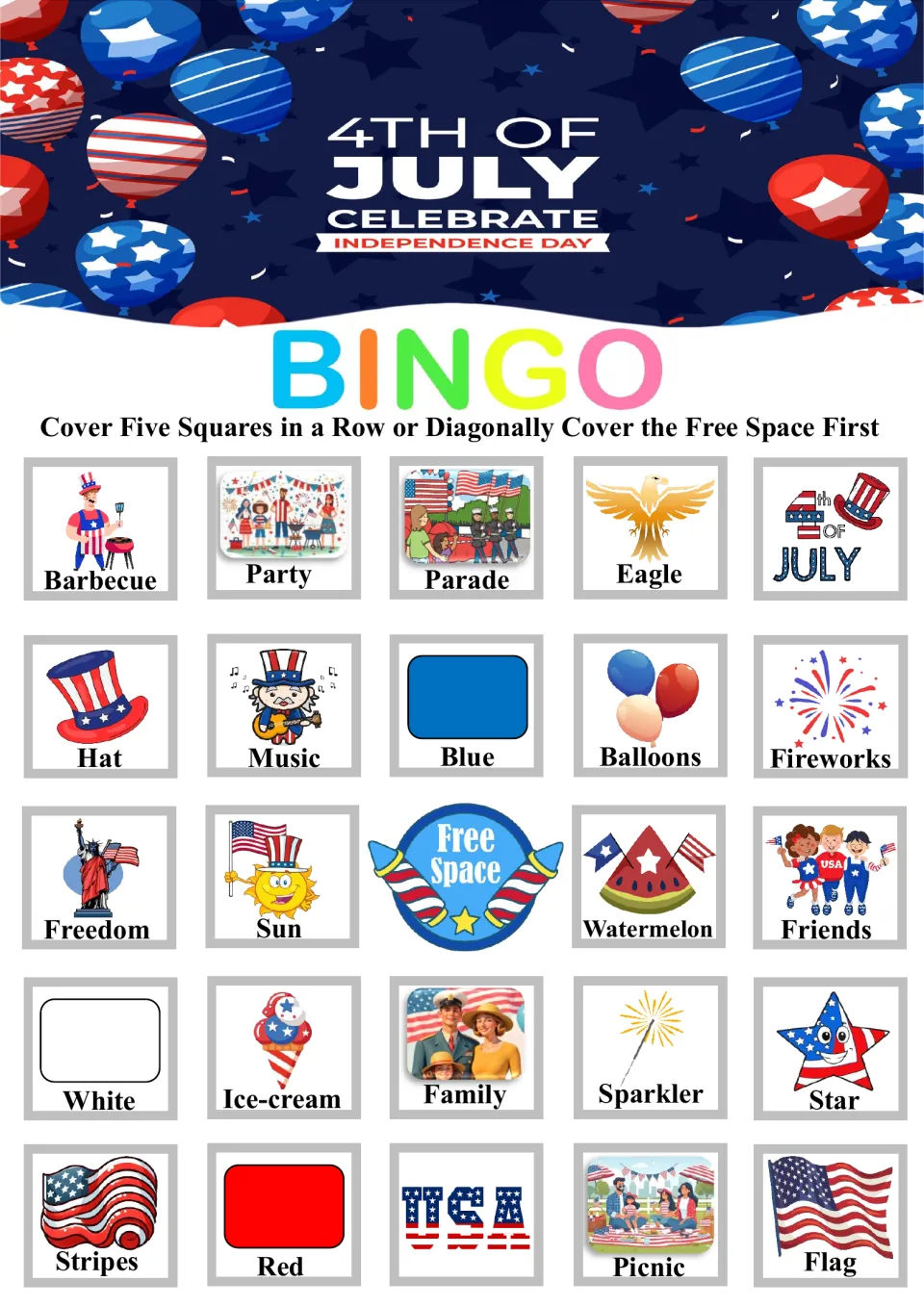 Bingo board 4: barbecue, party, parade, eagle and July 4th across the top, plus 19 items and a free space