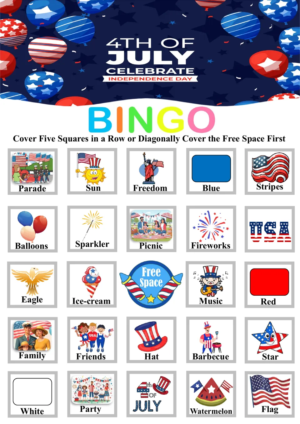 Bingo board 5: parade, sun, freedom, blue and stripes across the top, with 19 more items and a free space