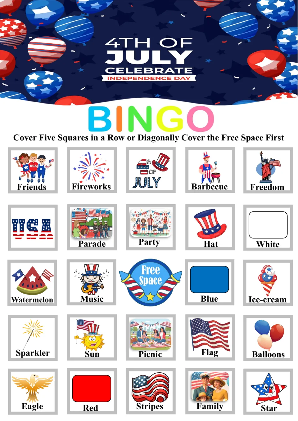 Bingo board 6: friends, fireworks, July 4th, barbecue and freedom across the top, plus 19 items and a free space