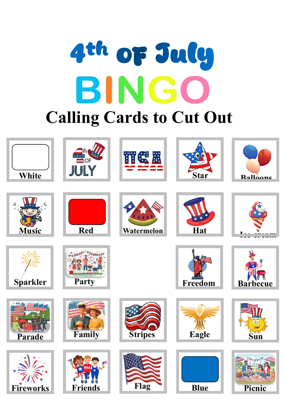 Bingo calling sheet: 24 picture cards to cut out, including white, July 4th, USA, star, balloons and flag