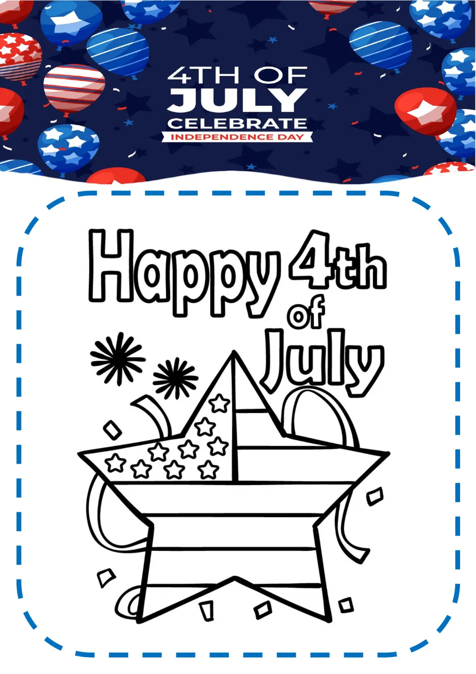 Independence Day coloring page featuring 'Happy 4th of July' above a large star filled with stars and stripes