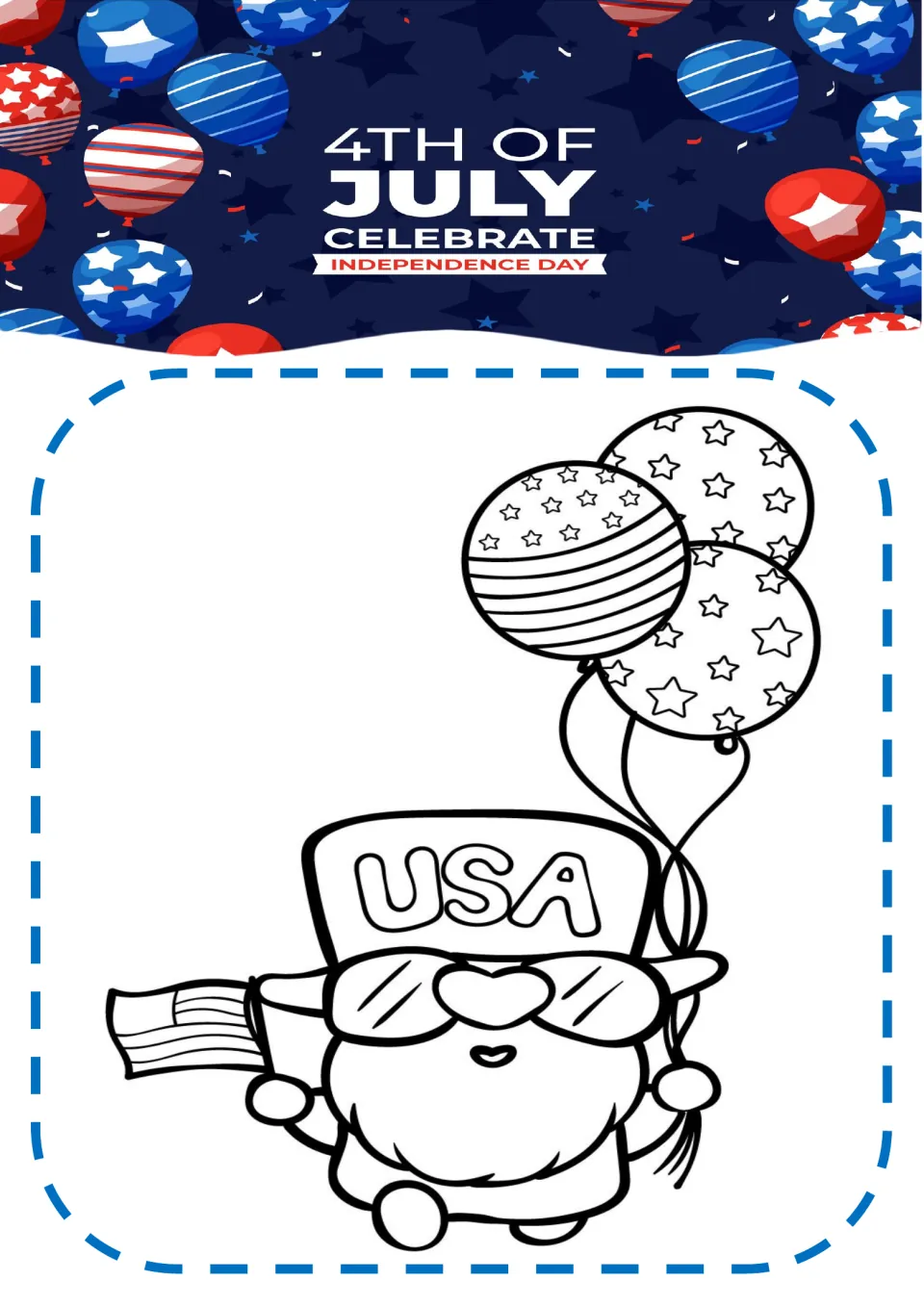 Independence Day coloring page featuring a gnome in a 'USA' hat holding an American flag and three balloons