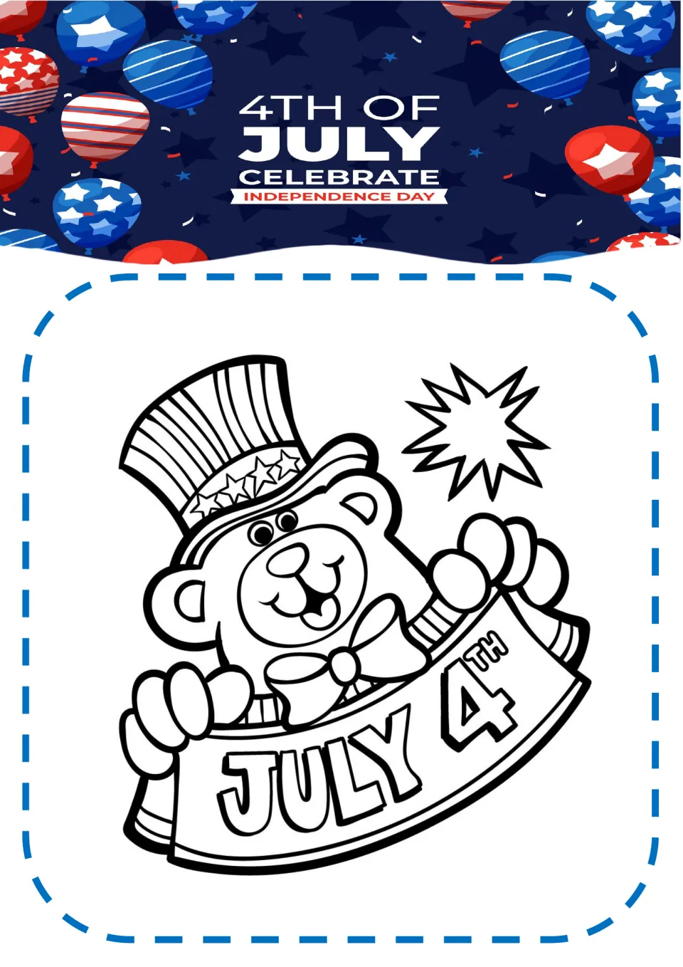 Independence Day coloring page featuring a bear in a star-patterned top hat holding a 'JULY 4TH' banner