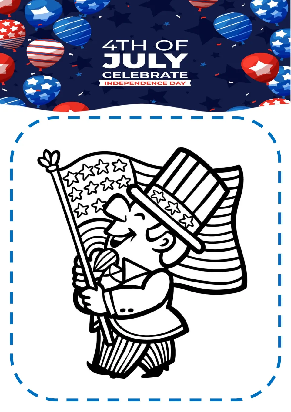 Independence Day coloring page featuring a marching Uncle Sam carrying a large American flag on a pole