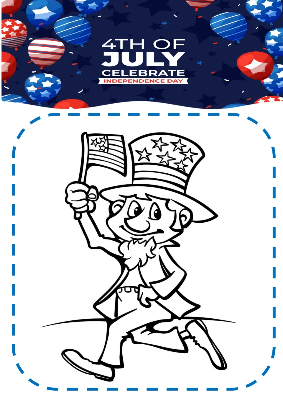 Independence Day coloring page featuring a running Uncle Sam in a star-covered top hat waving a small flag