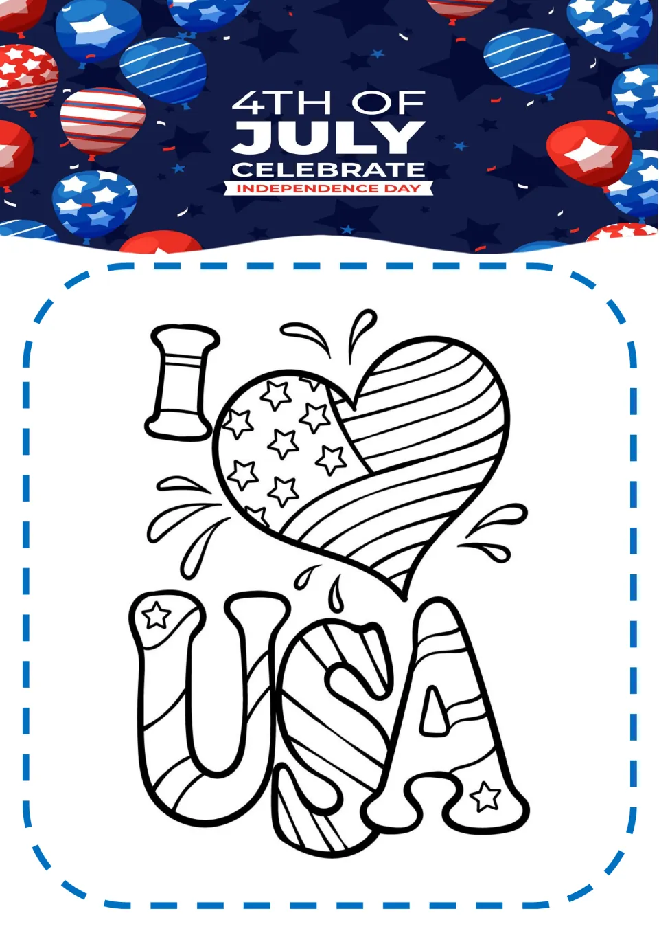 Independence Day coloring page featuring 'I love USA' represented by a flag-patterned heart and lettering