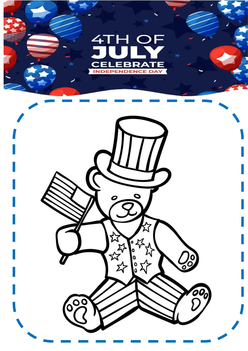 Independence Day coloring page featuring a teddy bear in a top hat, star vest and striped pants holding a flag
