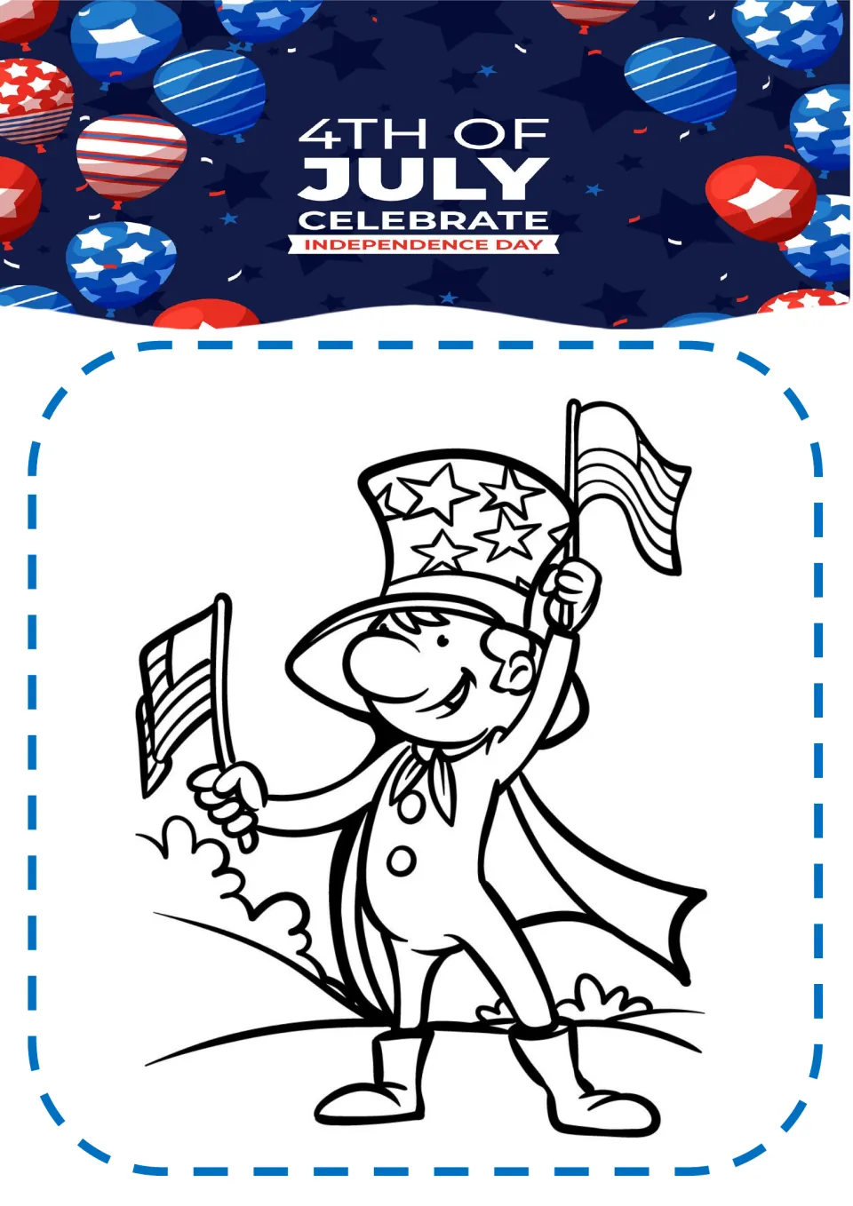 Independence Day coloring page featuring a smiling character in a star-covered top hat holding two flags