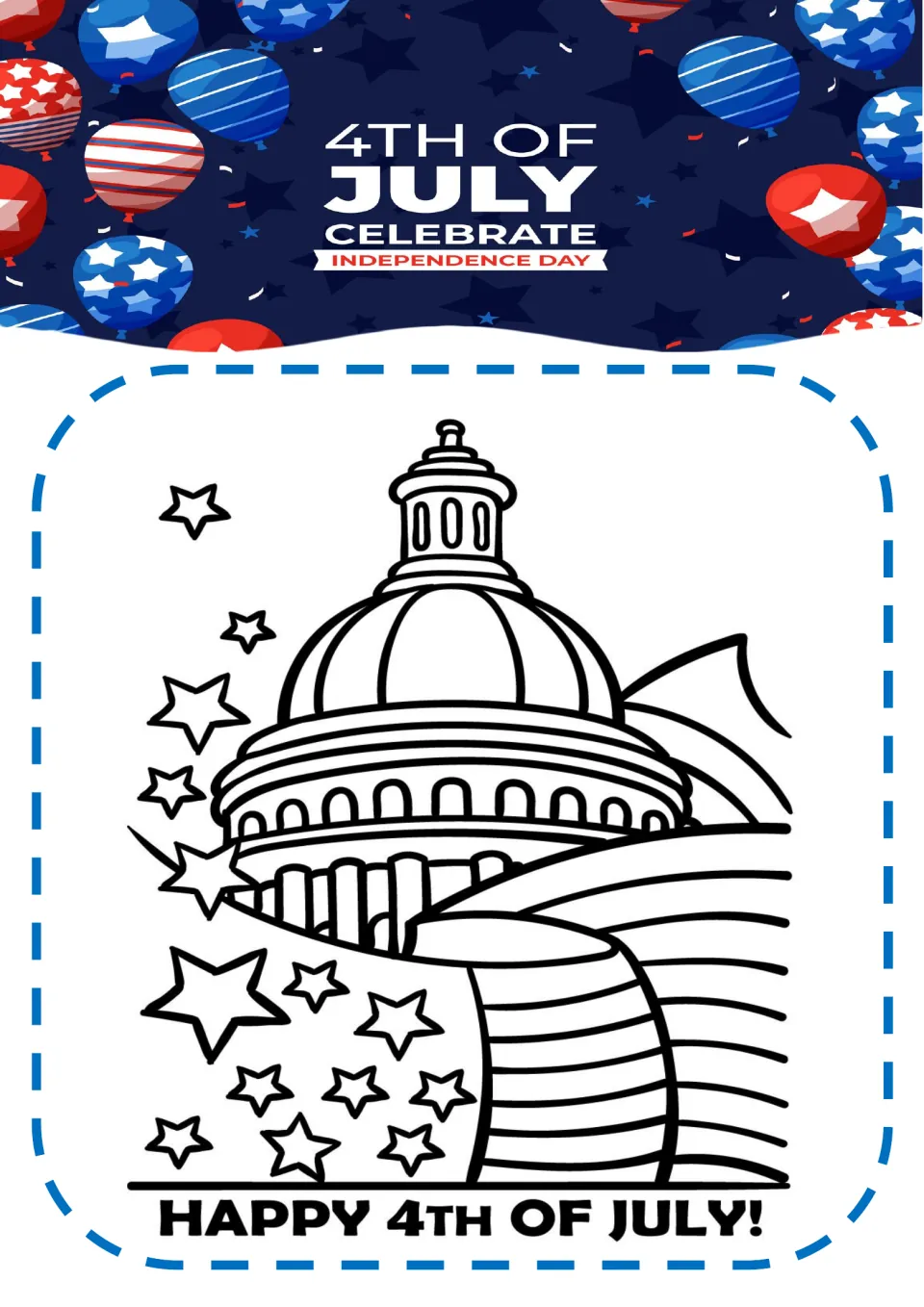 Independence Day coloring page featuring the U.S. Capitol dome, stars and stripes, and 'HAPPY 4TH OF JULY!'