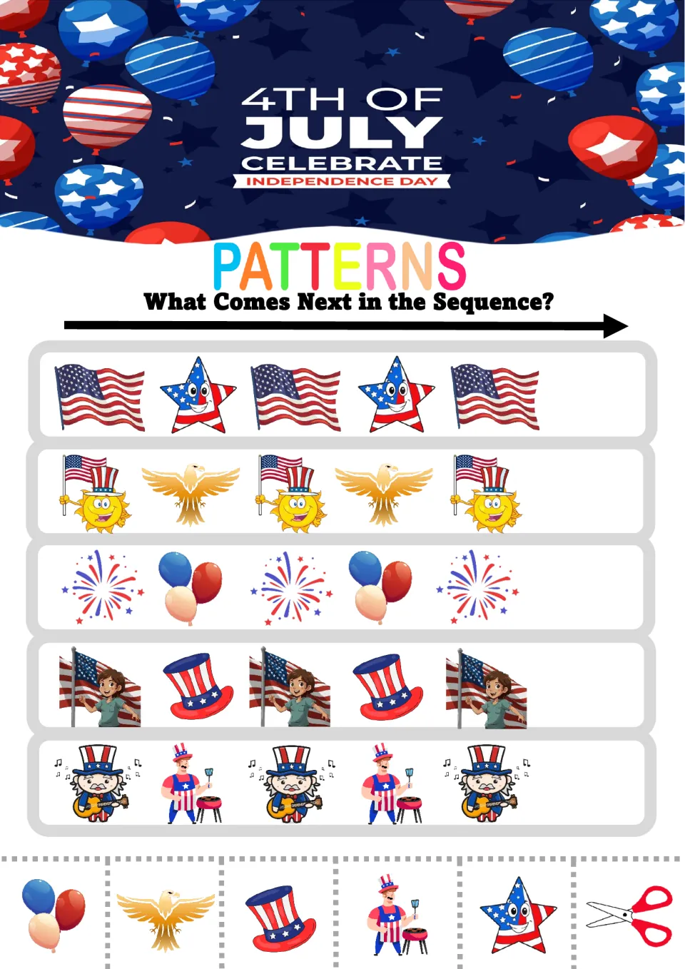 4th of July AB patterns: students cut out pictures to finish 5 rows of flags, stars, eagles, fireworks and balloons