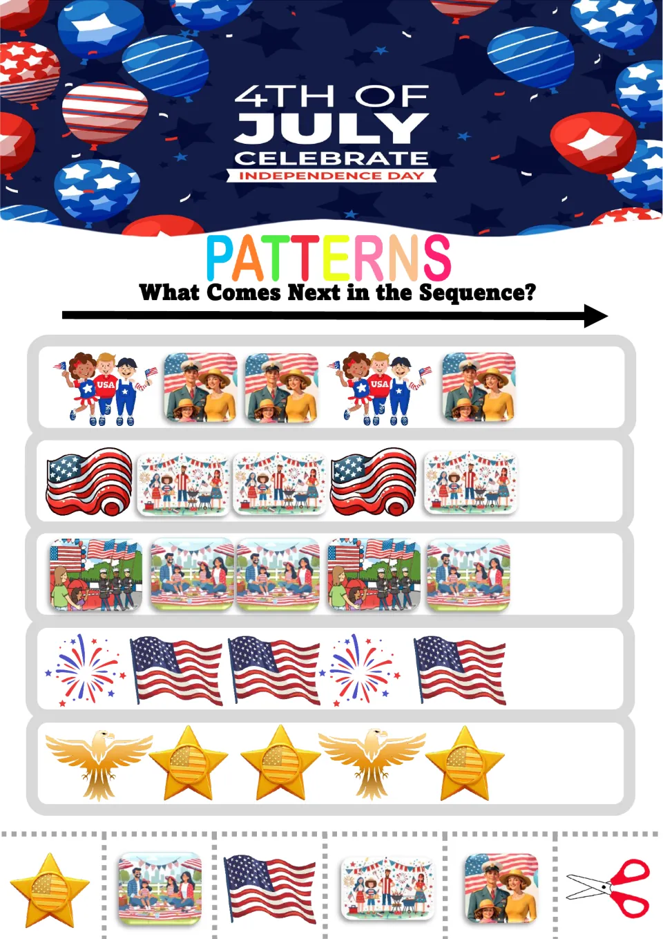 Independence Day ABB patterns: students cut and paste the next picture in rows of families, flags, picnics and eagles