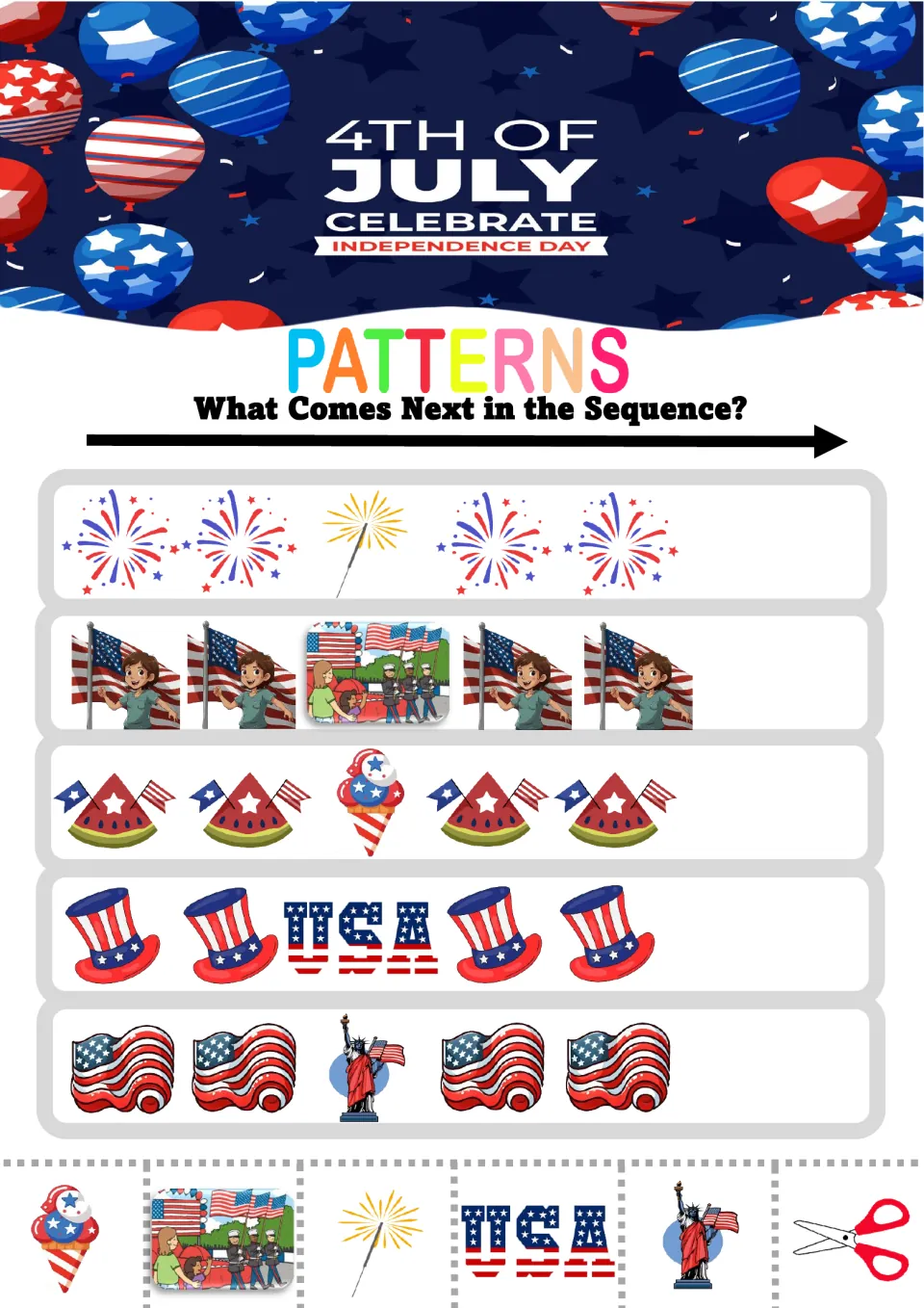 July 4th AAB patterns: students glue the missing picture after rows of fireworks, flags, watermelon, top hats and USA