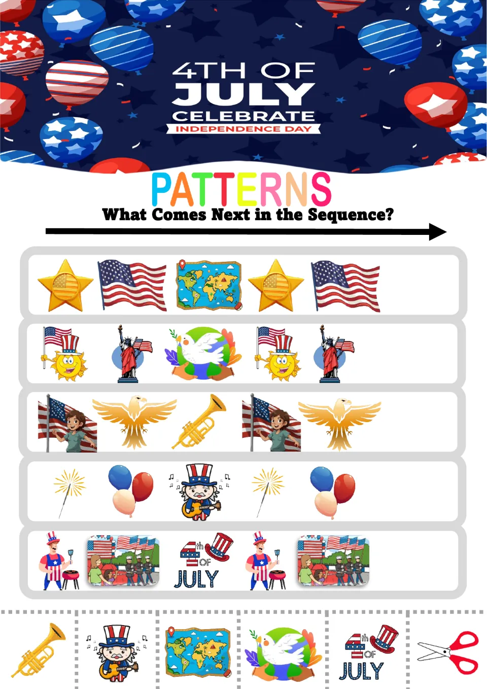 Holiday ABC patterns: students cut out the next picture for rows of stars, flags, maps, eagles, trumpets and balloons