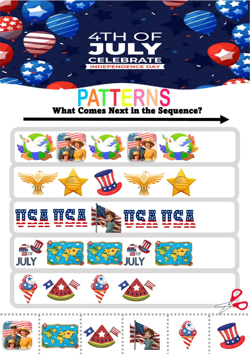Mixed patriotic patterns: students cut and glue what comes next after doves, eagles, USA words, maps and ice cream
