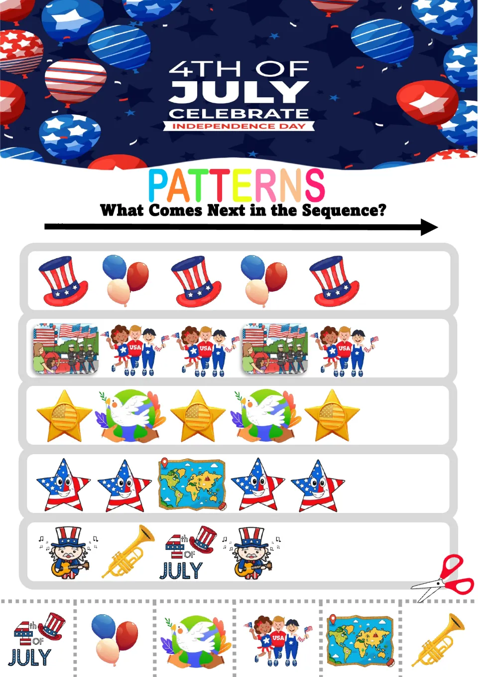 Patterns of top hats, balloons, children, stars and maps: students cut out each missing picture and paste it in place