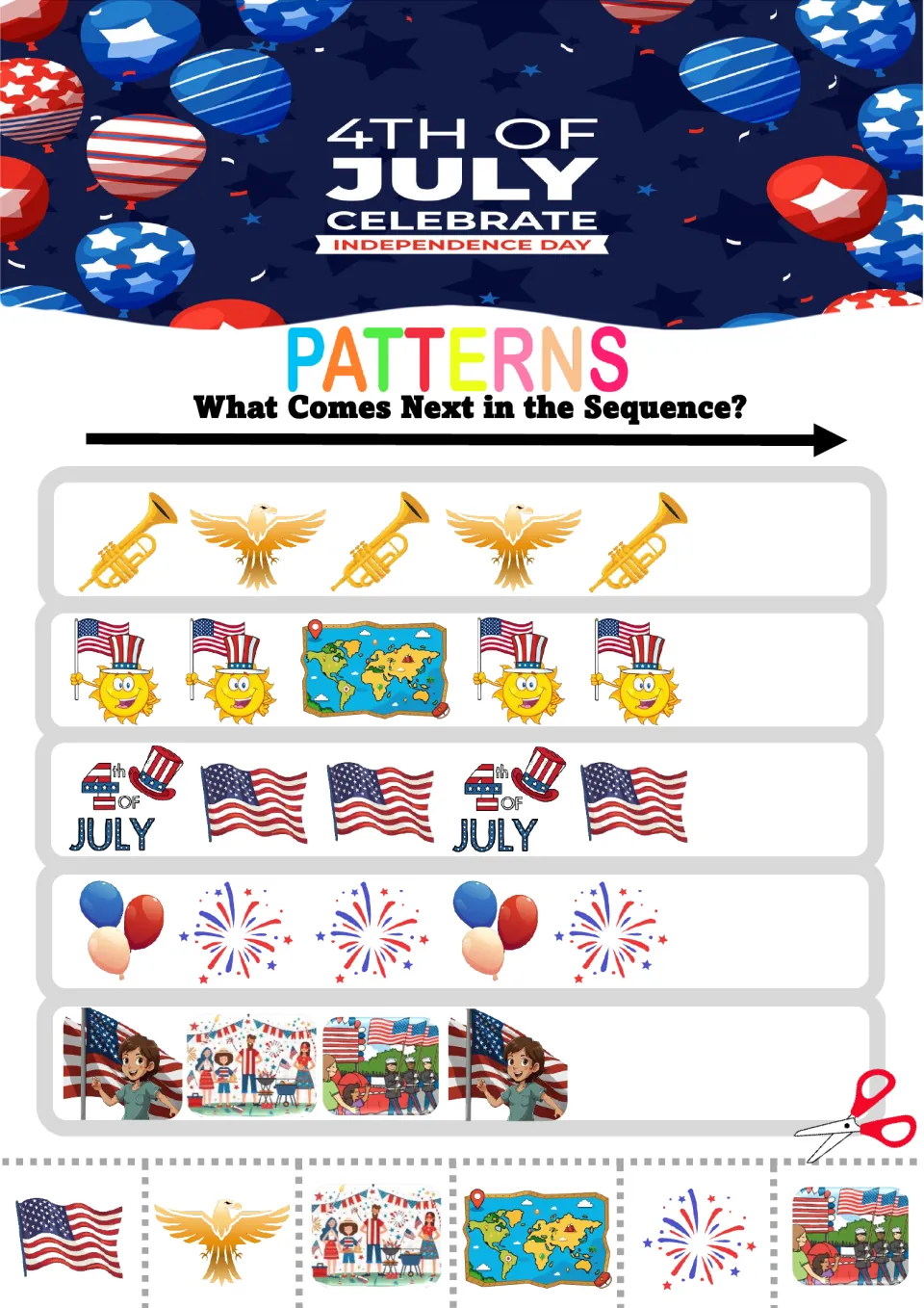 Trumpet-and-eagle, sun, July and fireworks patterns: students extend 5 picture sequences with cut-out answer pieces