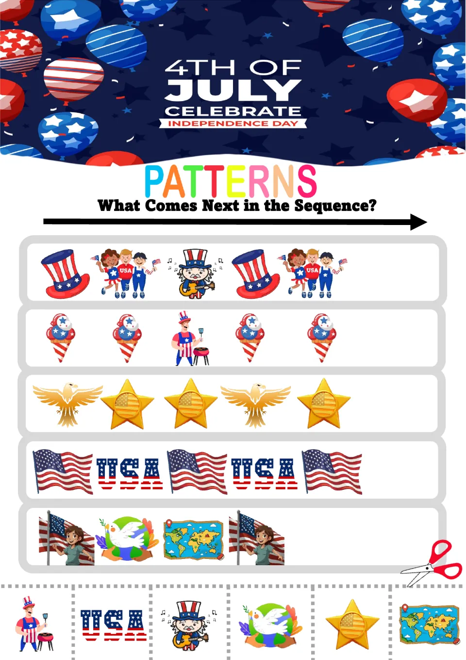 Ice cream, USA, eagle-and-star and flag patterns: students choose the next picture for each of 5 rows and paste it
