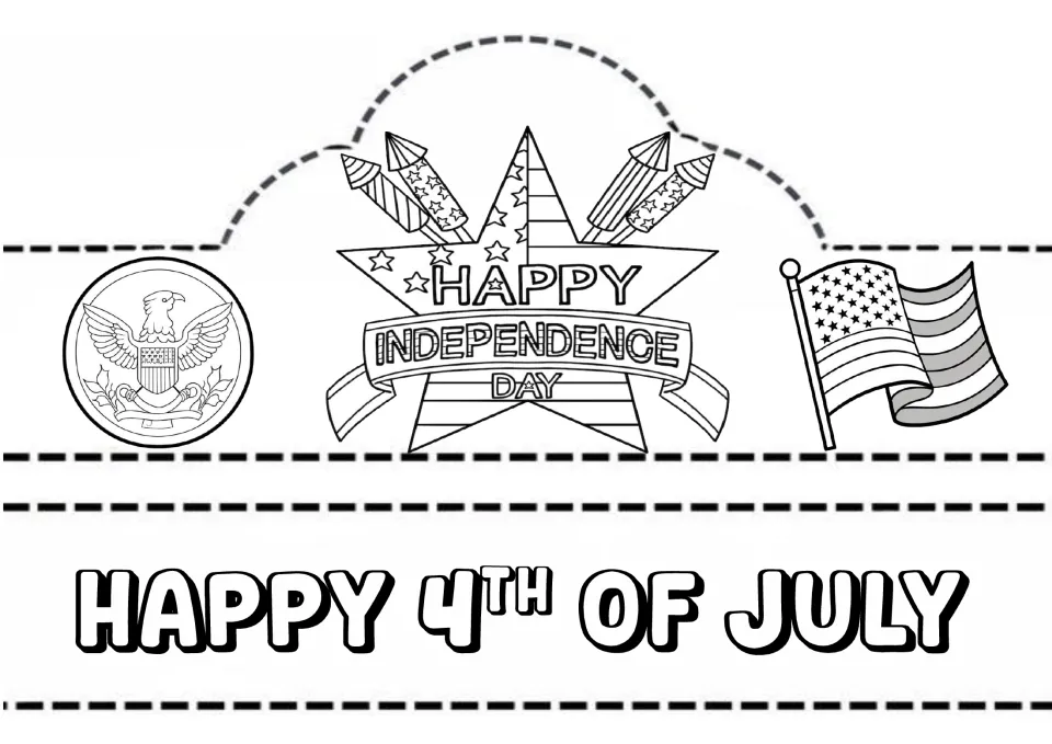 Independence Day crown to color and cut out: star with fireworks, eagle seal, flag and a Happy 4th of July headband strip