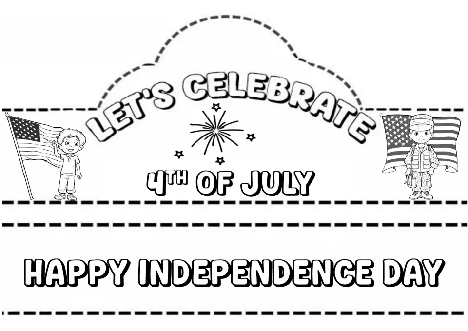 Let's Celebrate 4th of July crown to color and cut: child waving a flag, young soldier and a Happy Independence Day band