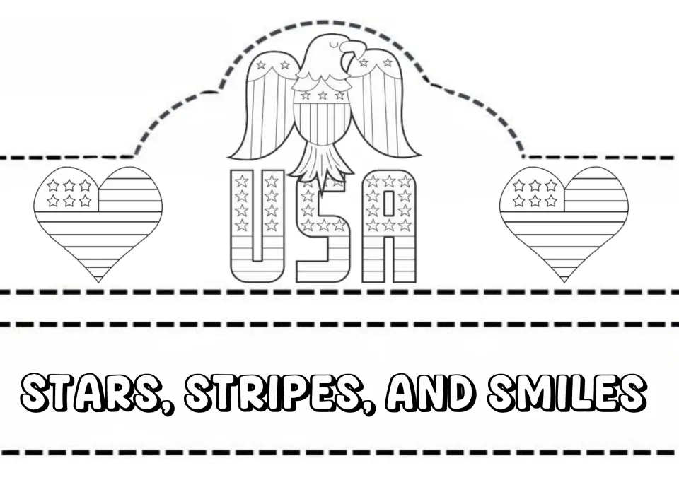 USA eagle crown to color and cut: flag hearts beside star-filled USA letters, with a Stars, Stripes, and Smiles band