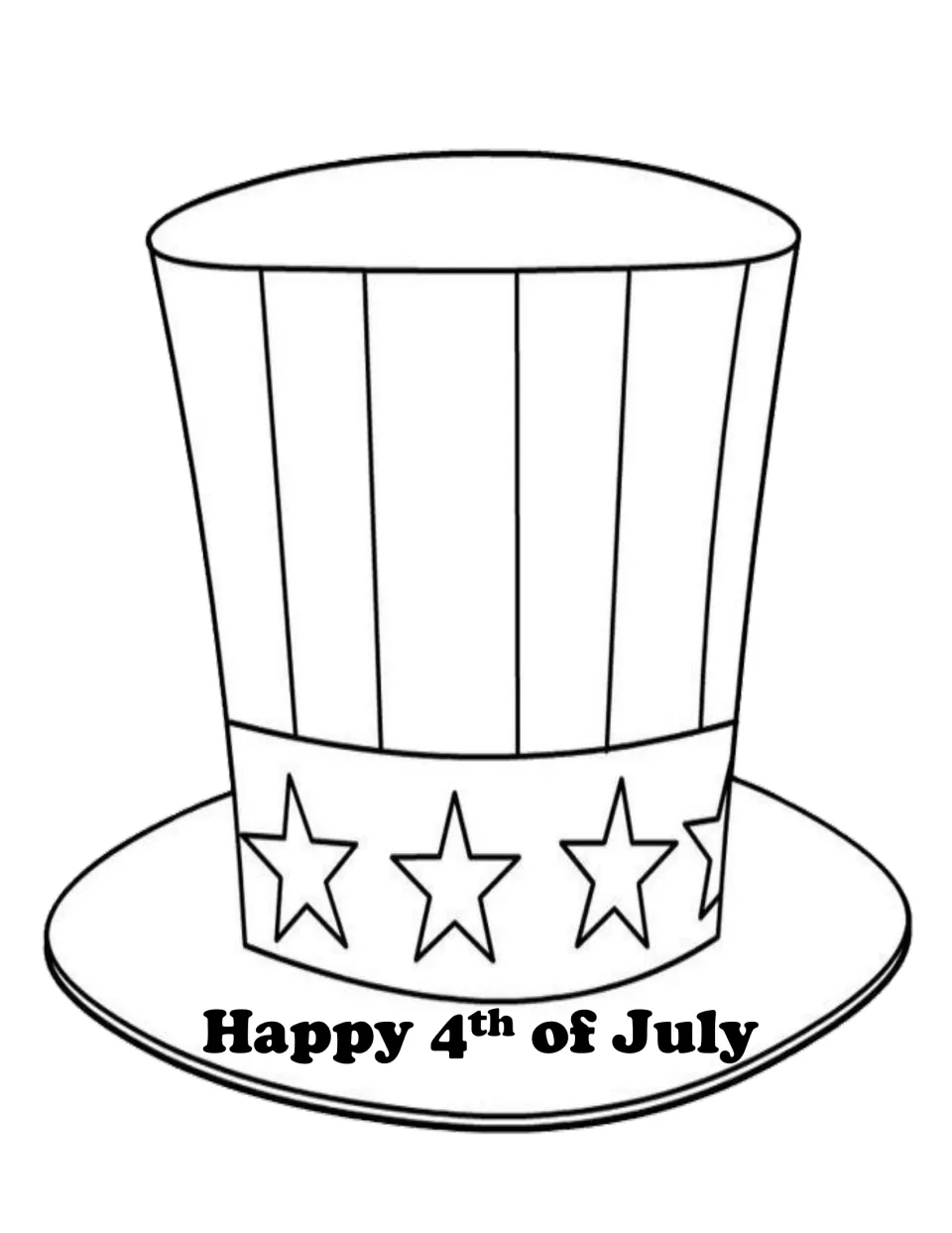 Uncle Sam style top hat outline with stripes and a star band, labeled Happy 4th of July, for coloring and cutting out