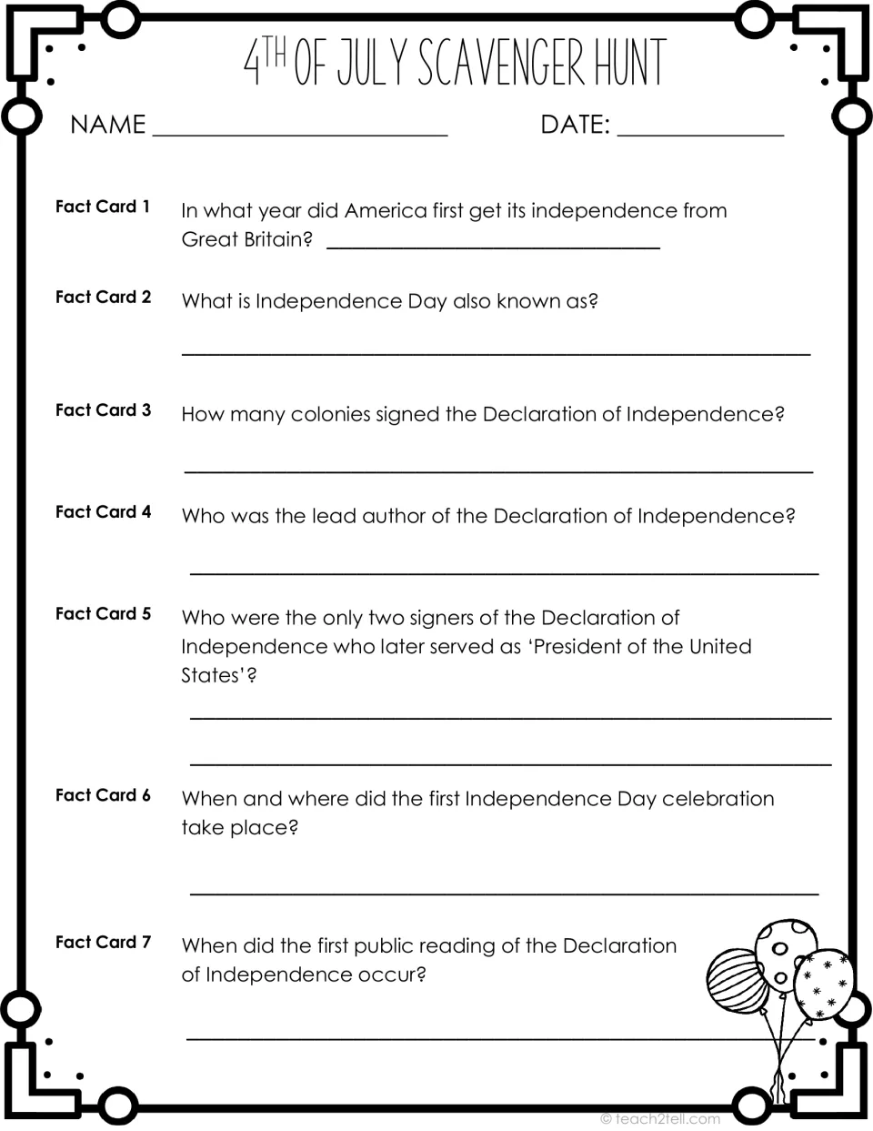 Scavenger hunt recording sheet: students answer Fact Cards 1-7 on 1776, the Declaration of Independence and its signers