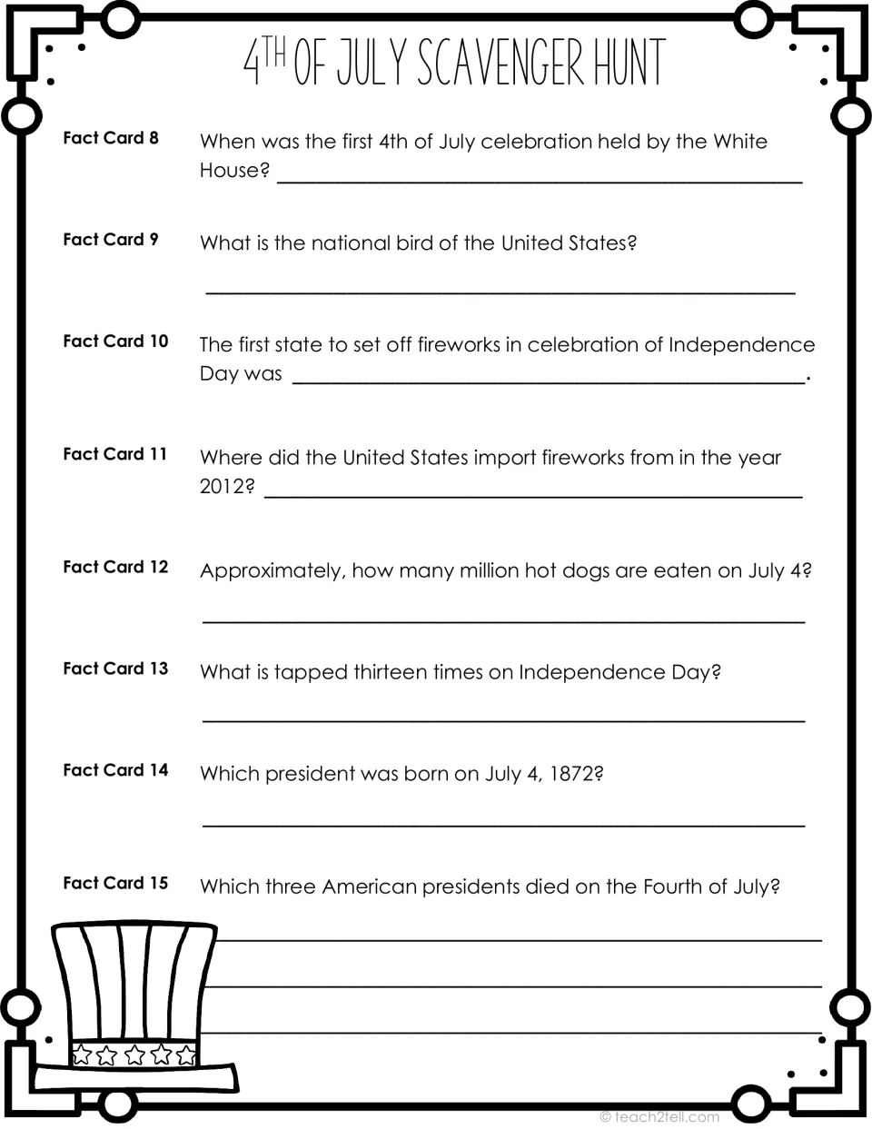 Recording sheet for Fact Cards 8-15: students answer questions on the national bird, fireworks, hot dogs and presidents