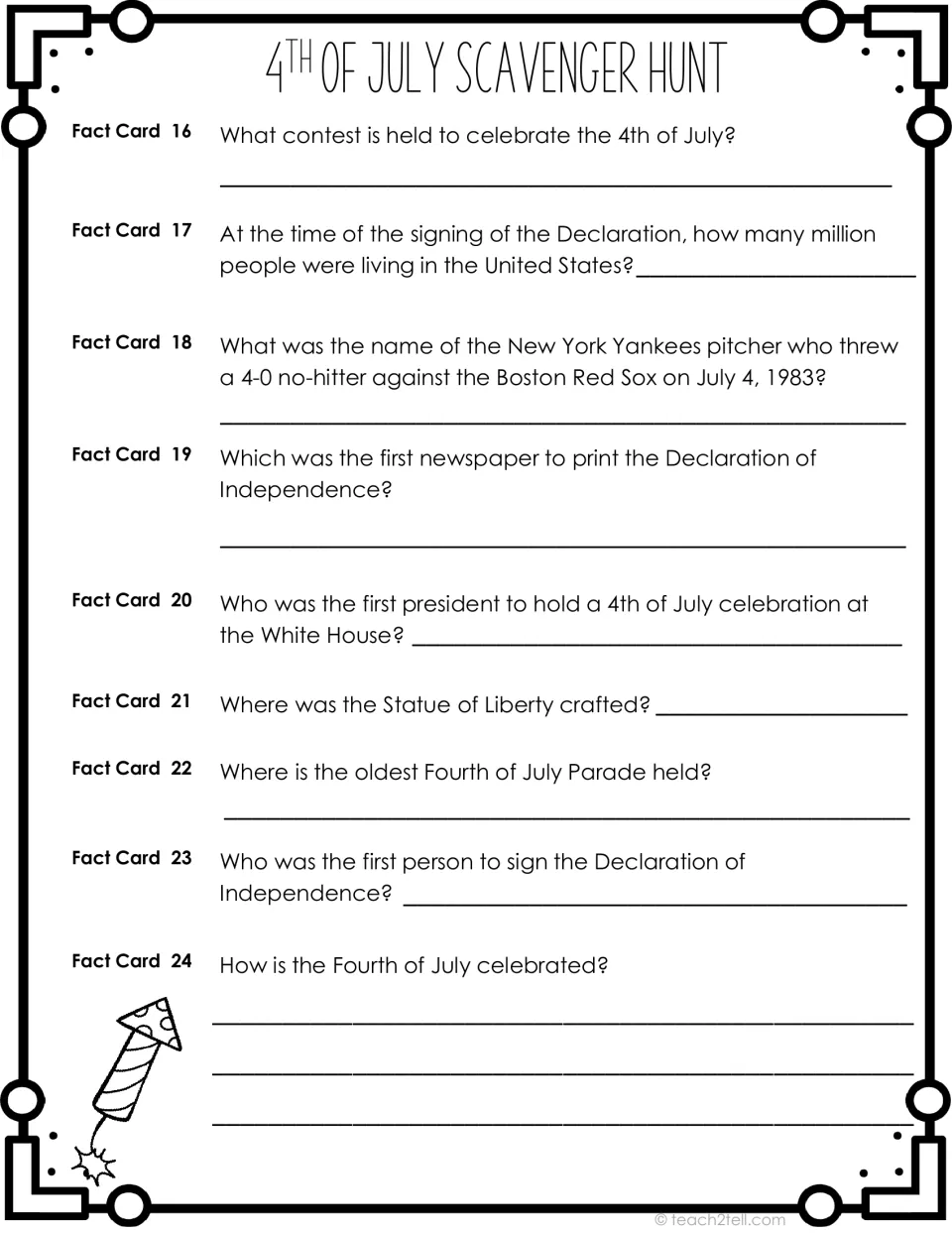 Recording sheet, Fact Cards 16-24: students answer questions on the hot dog contest, Statue of Liberty and oldest parade