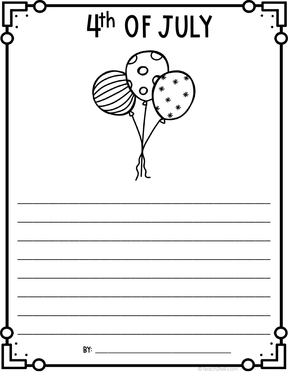 4th of July writing template with a balloon bunch drawing; students write interesting holiday facts and sign their name