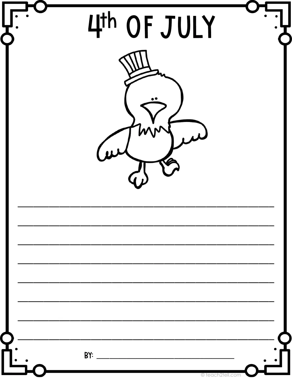 4th of July writing template with a cartoon bald eagle in an Uncle Sam hat; students record facts they learned
