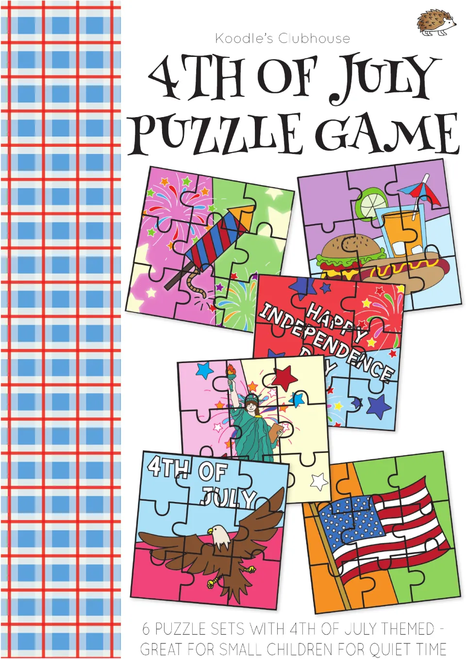 Cover for the Fourth of July puzzle game, showing all six picture puzzles for young children's quiet time