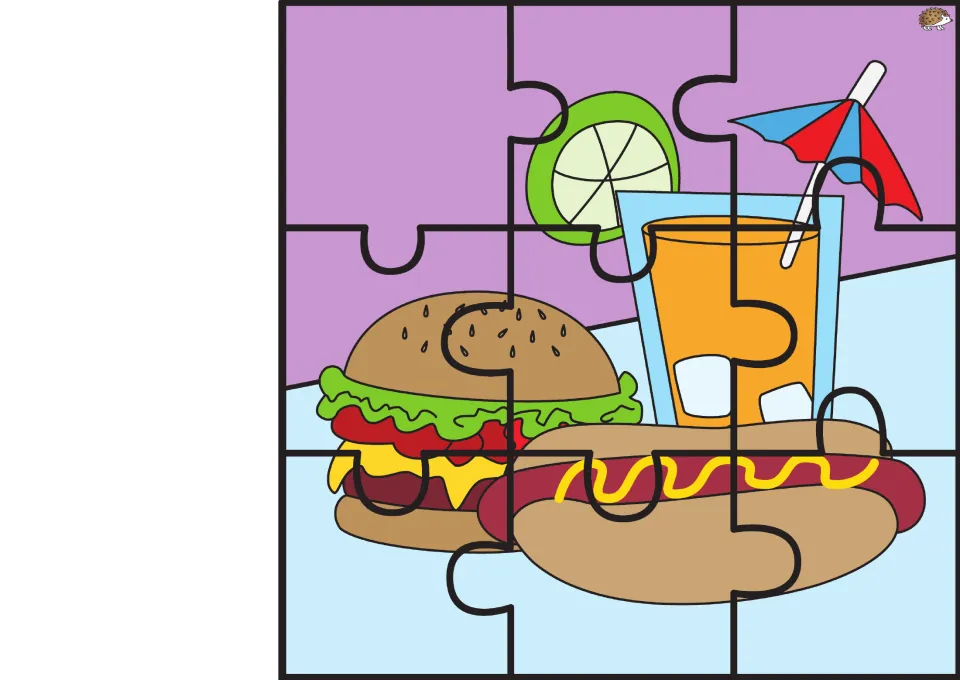 Fourth of July picture puzzle 1 of 6: nine pieces showing a hamburger, hot dog, and drink with a lime slice
