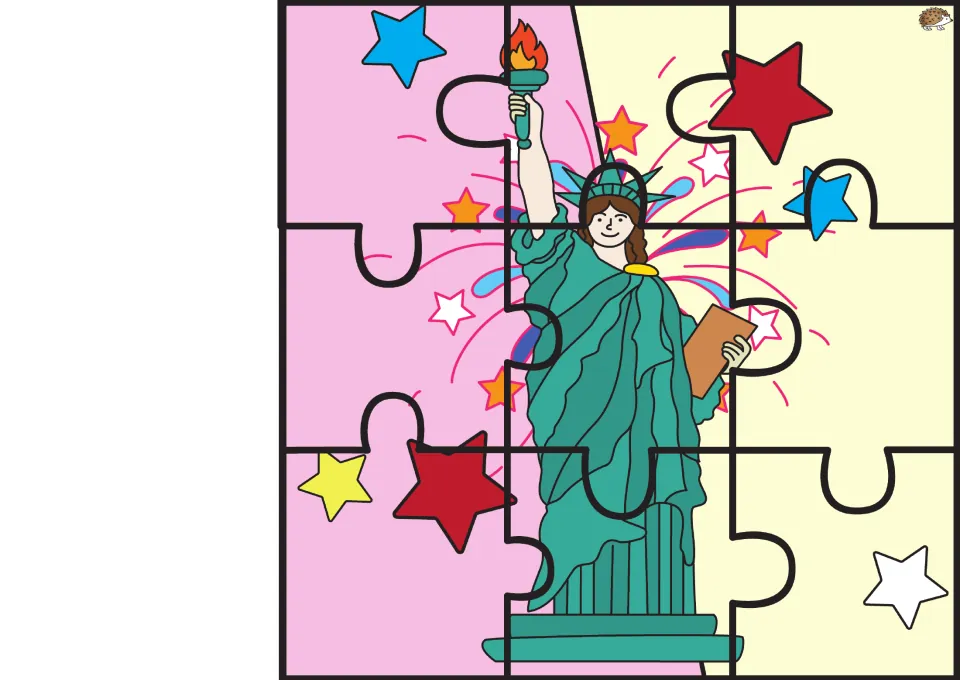 Fourth of July picture puzzle 2 of 6: nine pieces showing the Statue of Liberty holding a torch and tablet