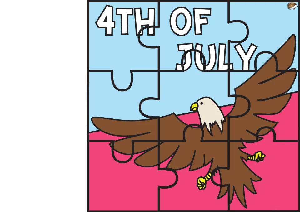 Fourth of July picture puzzle 3 of 6: nine pieces showing a bald eagle beneath the words “4th of July”