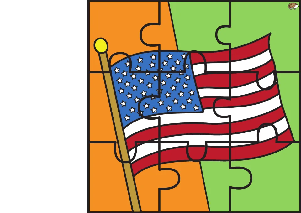 Fourth of July picture puzzle 4 of 6: nine pieces showing an American flag waving from a flagpole