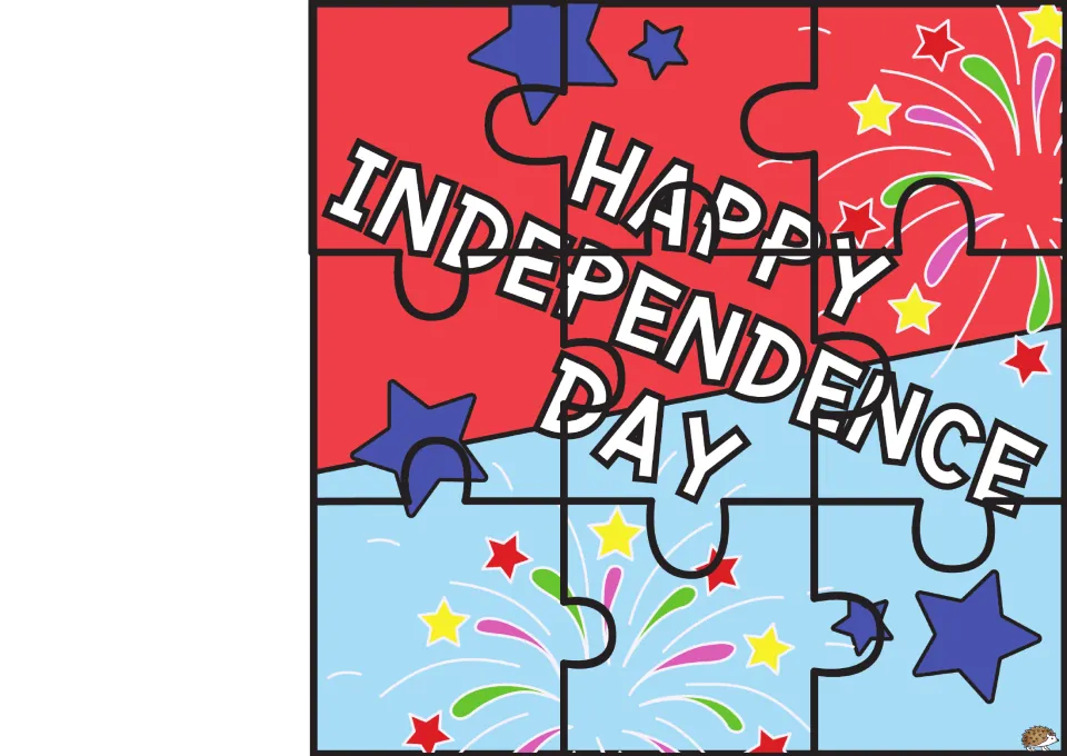 Fourth of July picture puzzle 5 of 6: nine pieces featuring “Happy Independence Day” and colorful fireworks