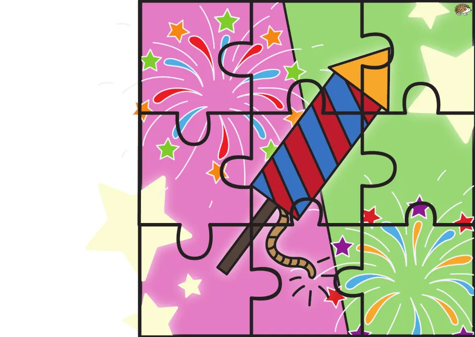 Fourth of July picture puzzle 6 of 6: nine pieces showing a red-and-blue rocket surrounded by fireworks