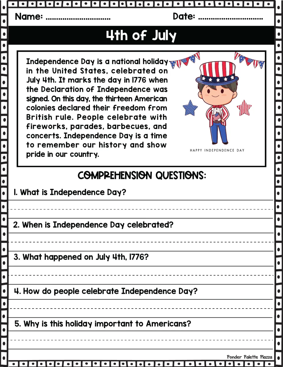 Independence Day reading passage: students read about July 4, 1776 and answer 5 written comprehension questions