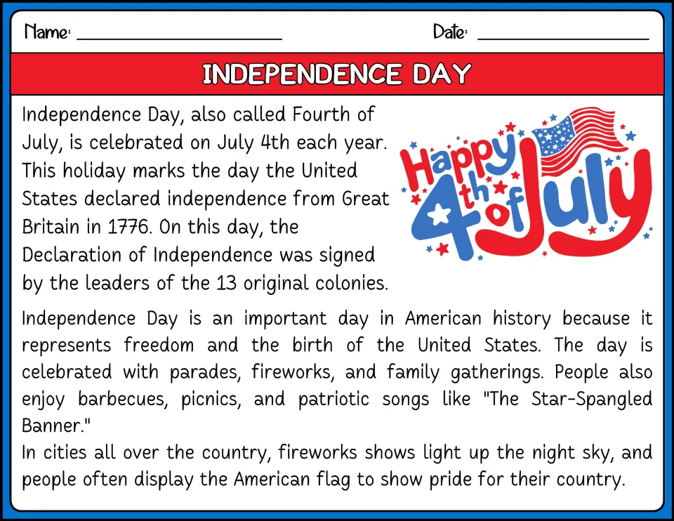 Independence Day reading passage in color: students read about July 4th, 1776, the Declaration and how people celebrate