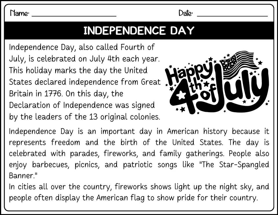 Black-and-white Independence Day passage: students read about Great Britain, the 13 colonies, parades and fireworks