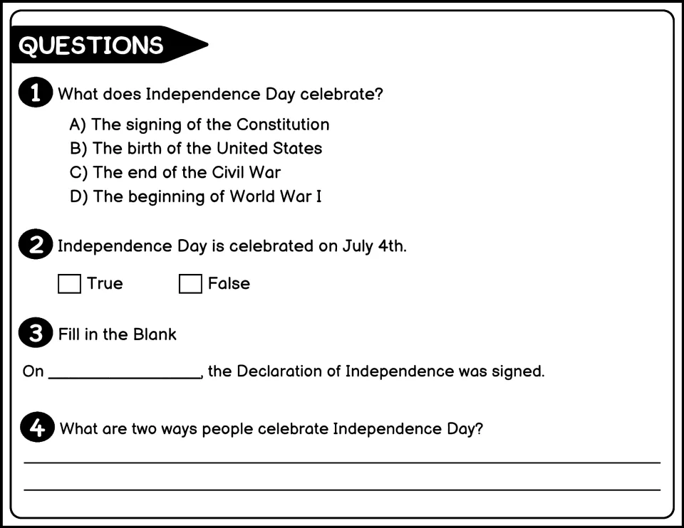 Black-and-white questions 1-4: students choose what July 4th celebrates, mark true or false and fill in the signing date
