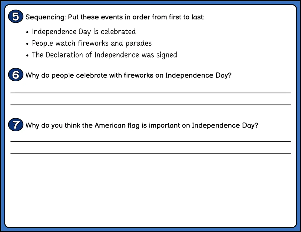 Independence Day questions 5-7 in color: sequencing three events, then written answers on fireworks and the American flag